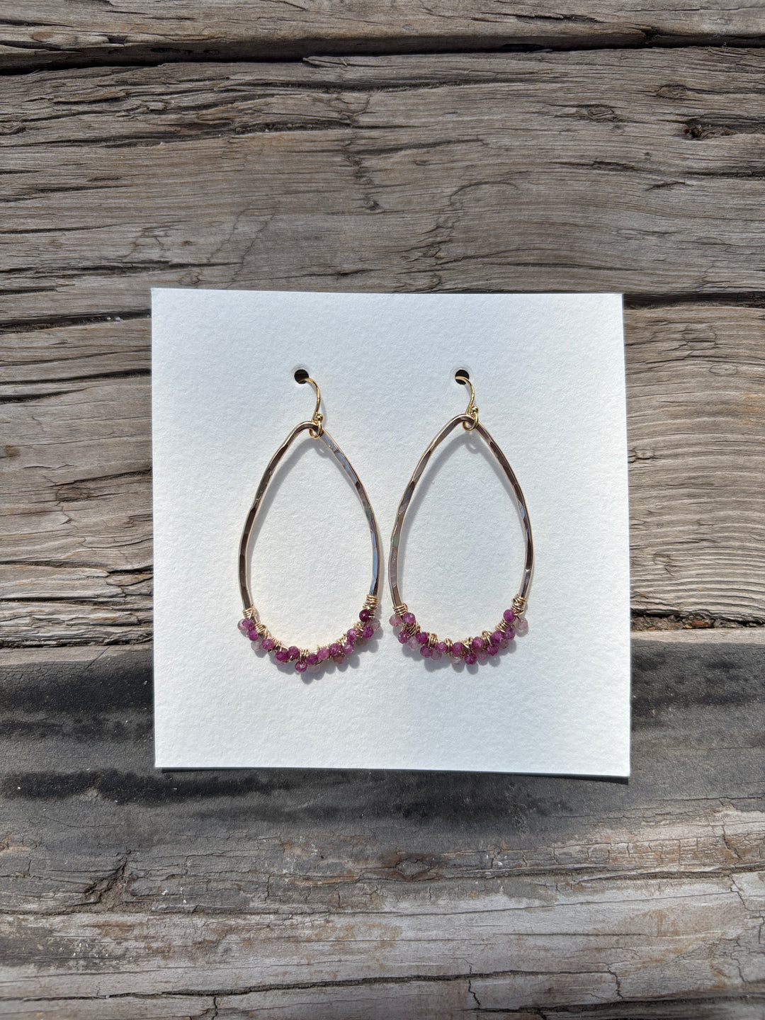 Elizabeth Nicole Gold Filled Wire Wrapped Oval Hoops Rubies &Rose Quartz  E167