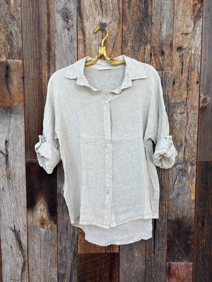 Milio Milano Linen Linen Button Up Roll Tab - Beige