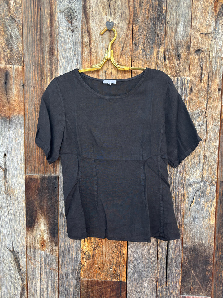Milio Milano Linen Scoop Neck Peplum Top Black