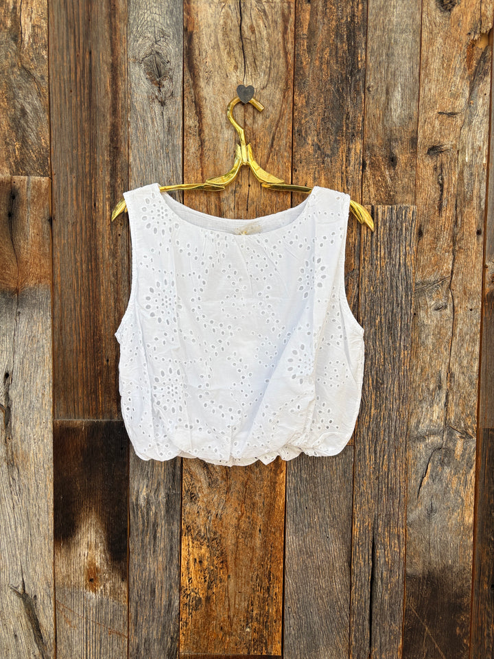 Milio Milano Sleeveless Bubble Hem Eyelet Top White