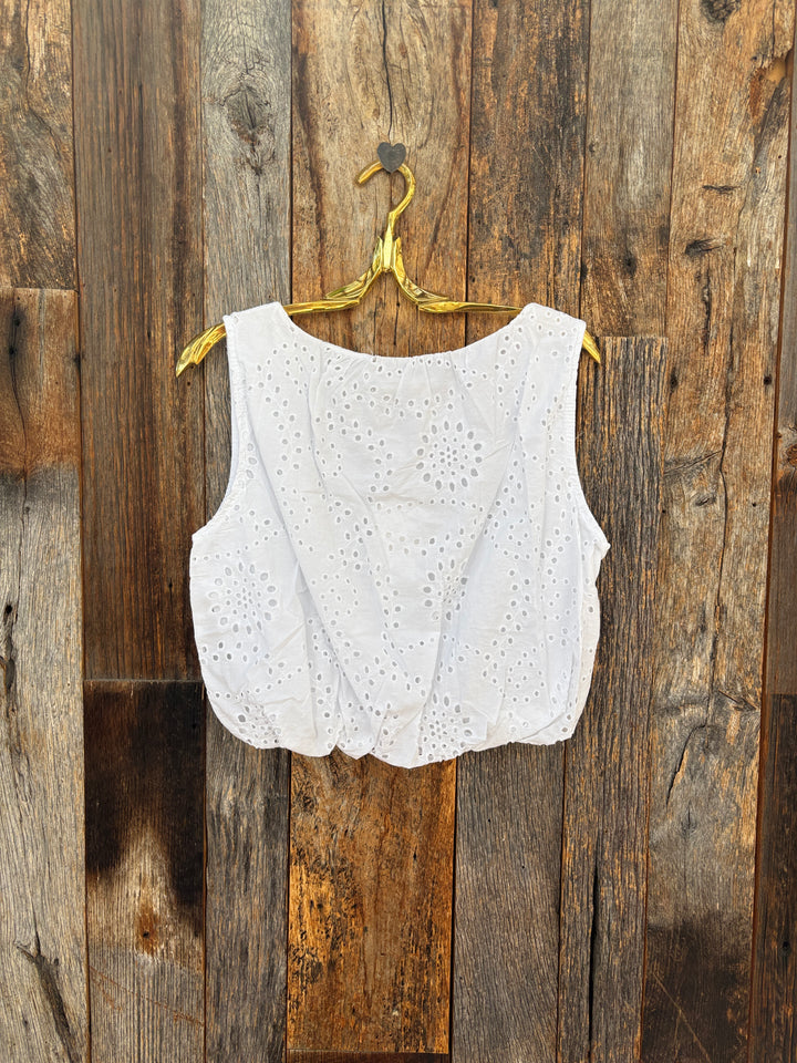 Milio Milano Sleeveless Bubble Hem Eyelet Top White