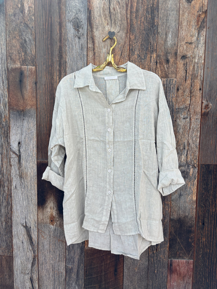 Milio Milano Linen Open Stitch Button Down Beige