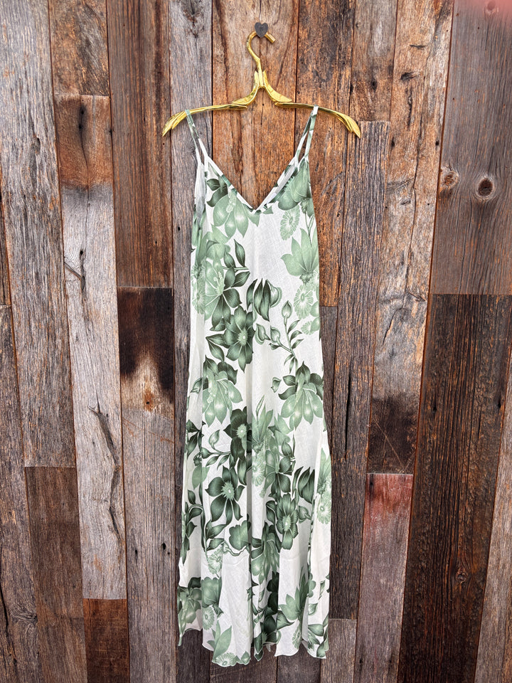 Milio Milano Bluma Floral Print Spaghetti Strap Dress- Forest Green