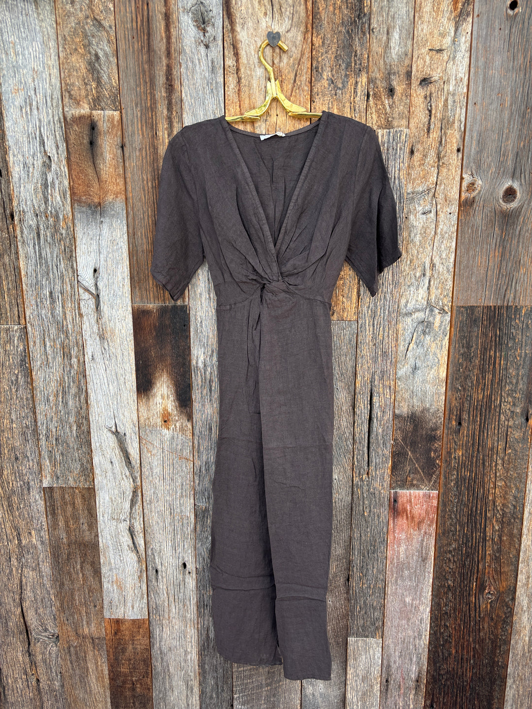 Milio Milano Front Twist Linen Dress Chocolate