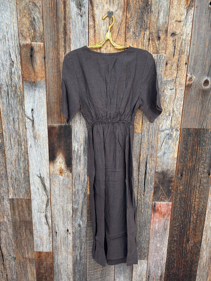 Milio Milano Front Twist Linen Dress Chocolate