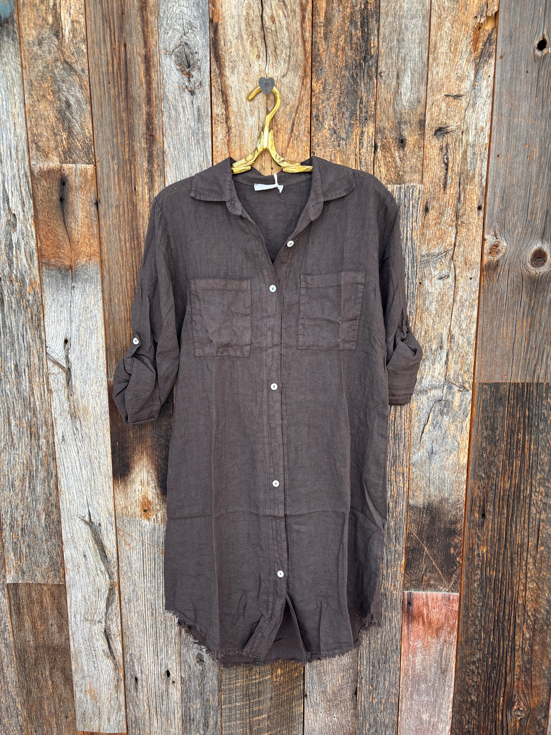 Milio Milano Linen L/S Roll Tab Button Down Dress Chocolate