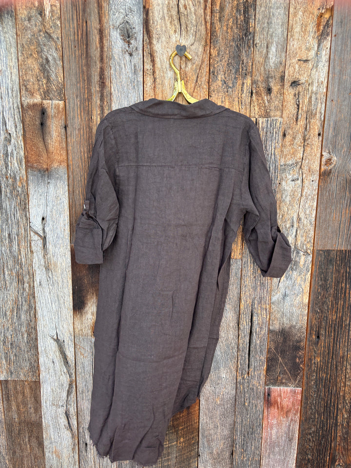 Milio Milano Linen L/S Roll Tab Button Down Dress Chocolate