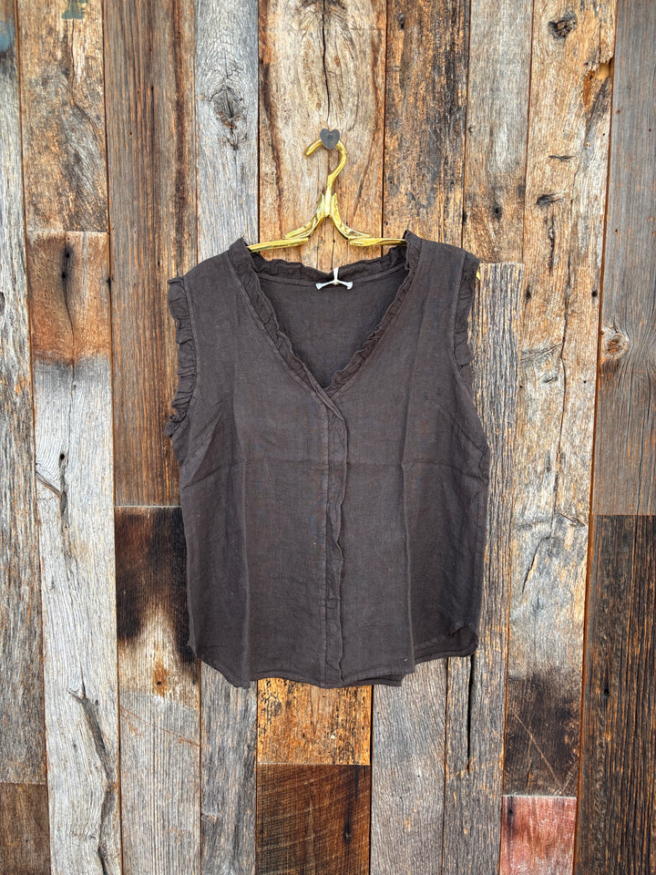 Milio Milano Ruffle Edge Detail Linen Top Chocolate