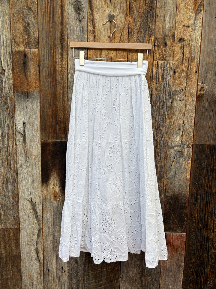 Milio Milano Tiered Eyelet Maxi Skirt White