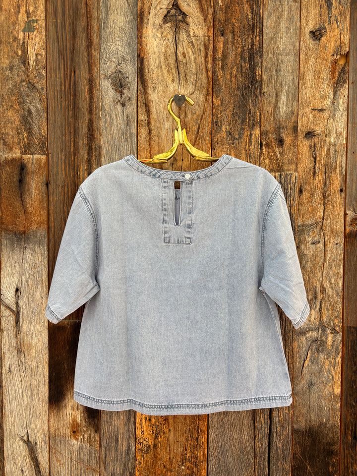 Dylan Button Back Blouse- Light Denim