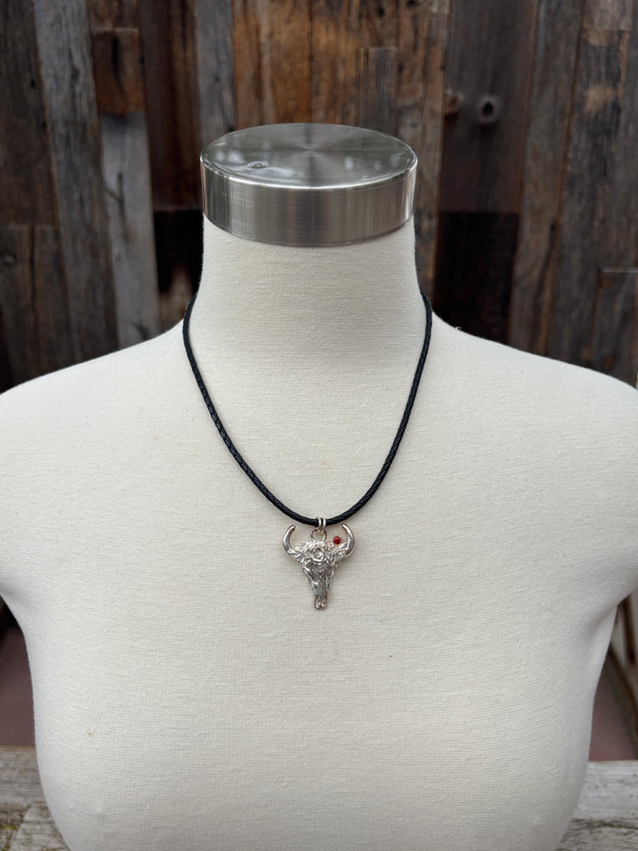 Ashton Western Flower Skull Necklace w/ Red Sapphire