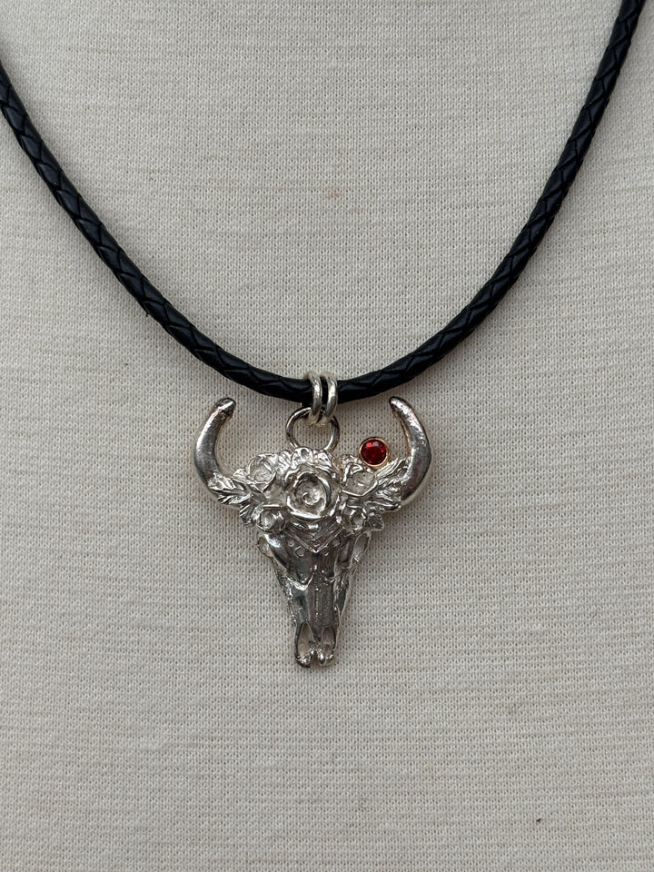 Ashton Western Flower Skull Necklace w/ Red Sapphire
