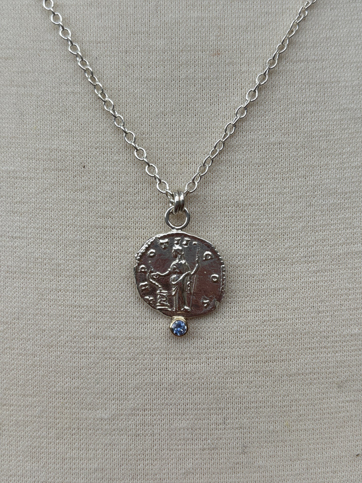 Ashton SS Salus Coin w/ Blue Sapphire Necklace