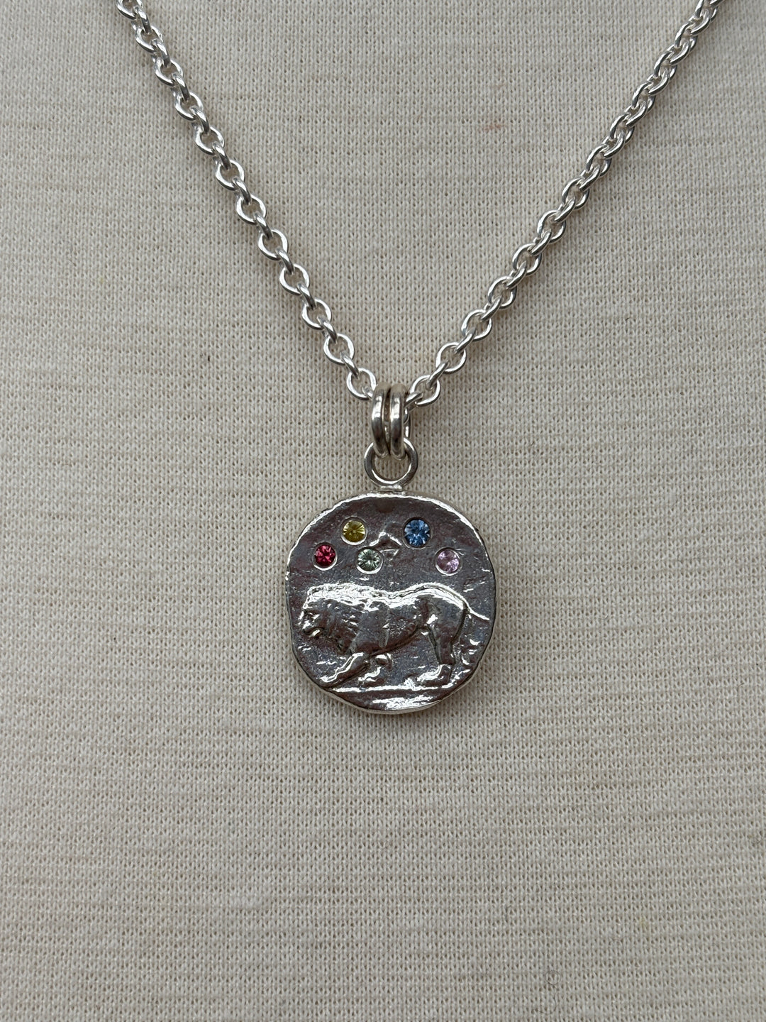 Ashton SS Lion Coin w/ 5 Multi Sapphires Necklace