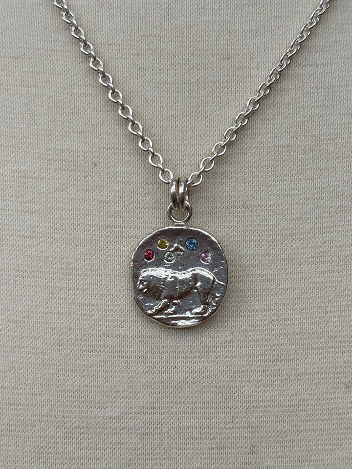 Ashton SS Lion Coin w/ 5 Multi Sapphires Necklace