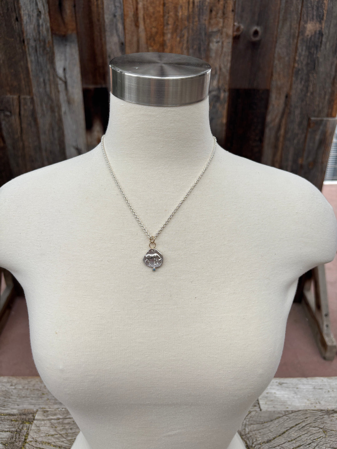 Ashton SS Horse Coin w/ Blue Sapphire in 14K Necklace