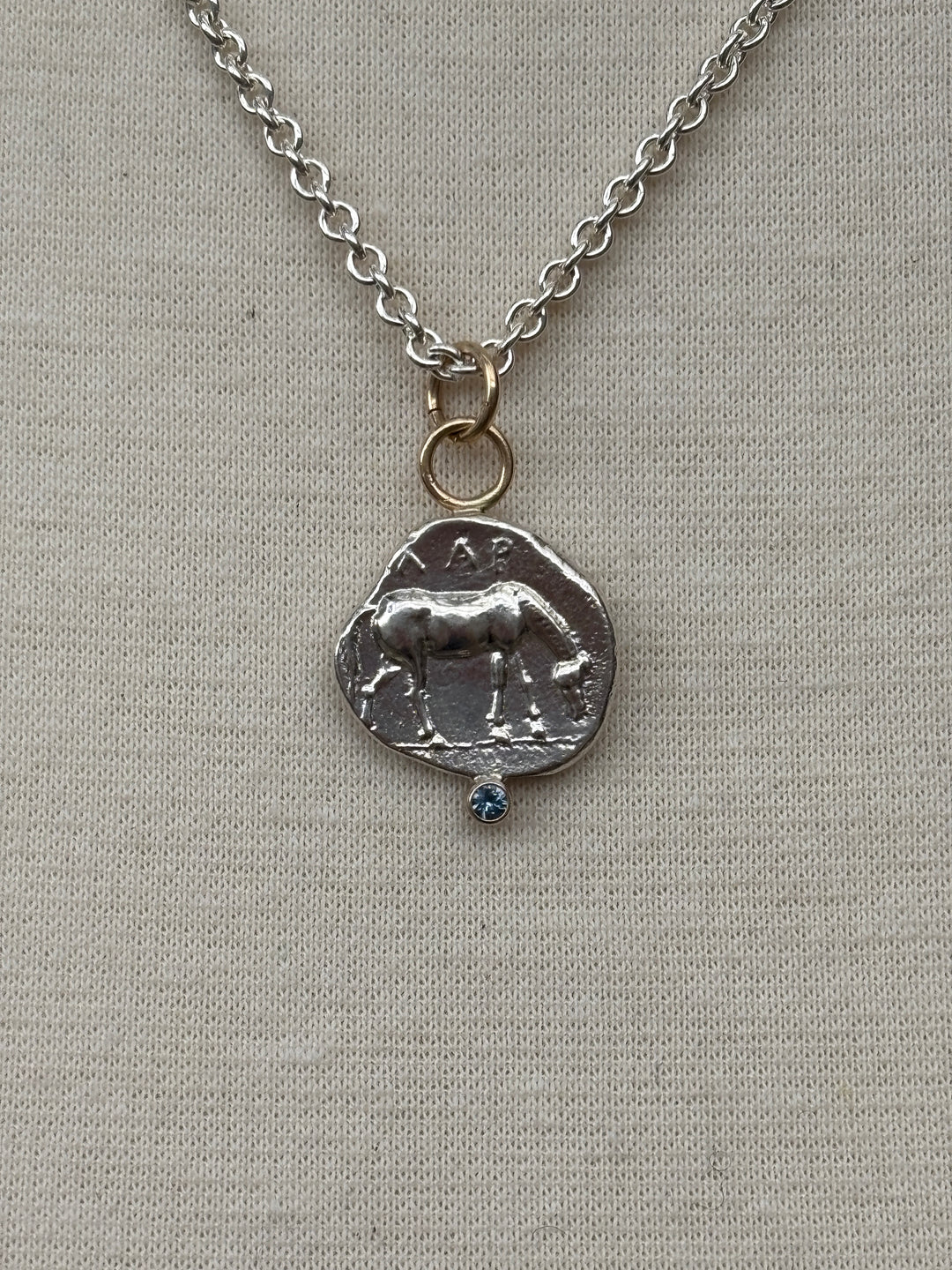 Ashton SS Horse Coin w/ Blue Sapphire in 14K Necklace