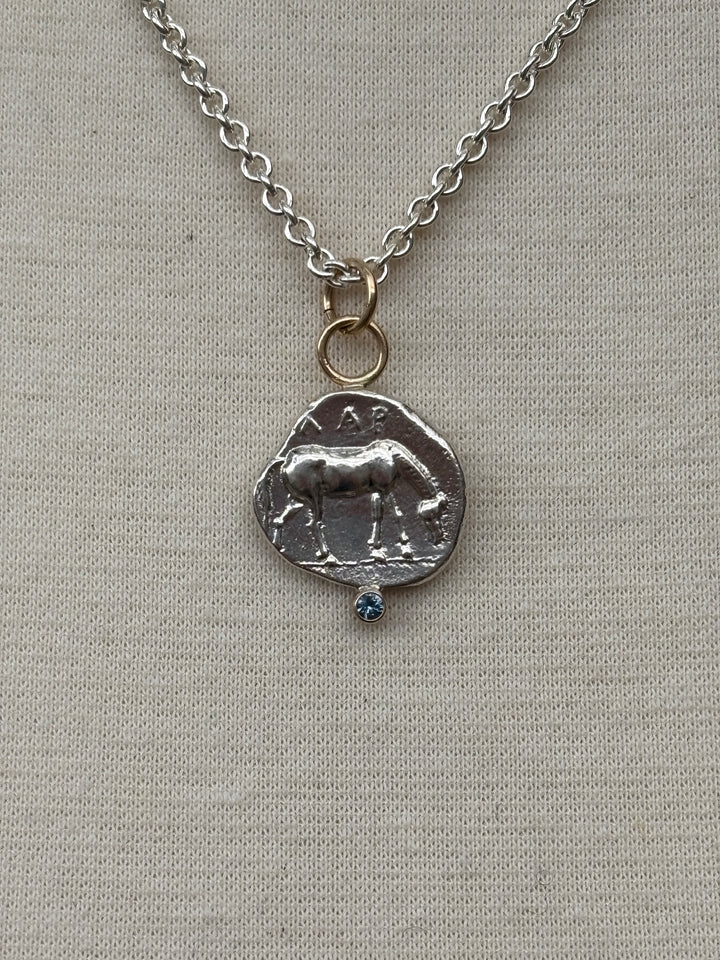 Ashton SS Horse Coin w/ Blue Sapphire in 14K Necklace