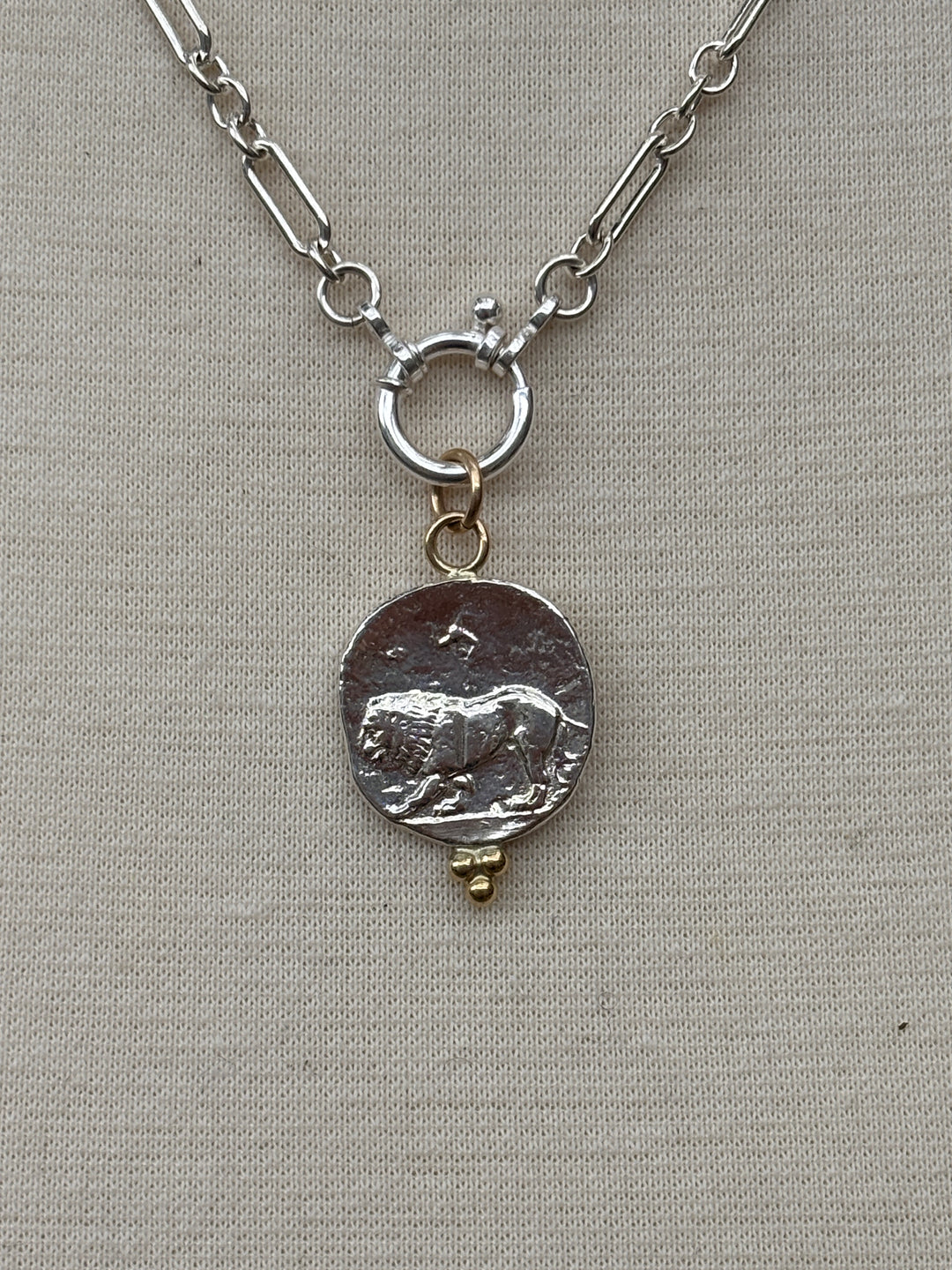 Ashton SS Lion Coin w/ 18K Gold Balls Necklace