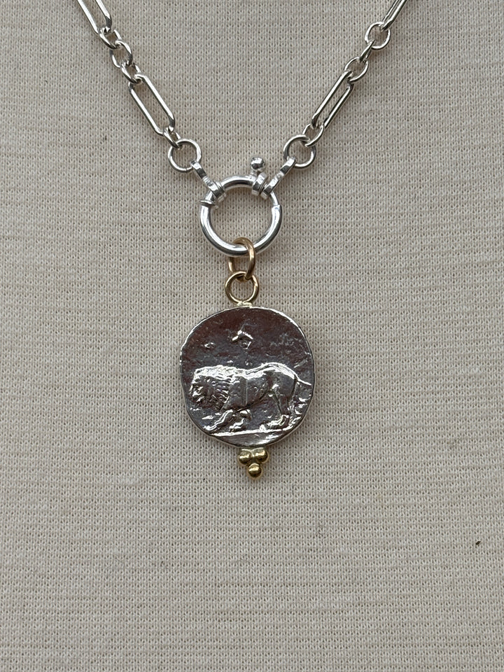 Ashton SS Lion Coin w/ 18K Gold Balls Necklace