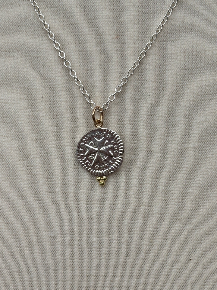 Ashton Maltese Cross Coin SS & 18K Gold Necklace