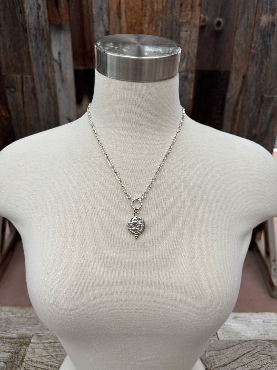 Ashton SS Owl Coin w/ 18K Gold Balls Necklace