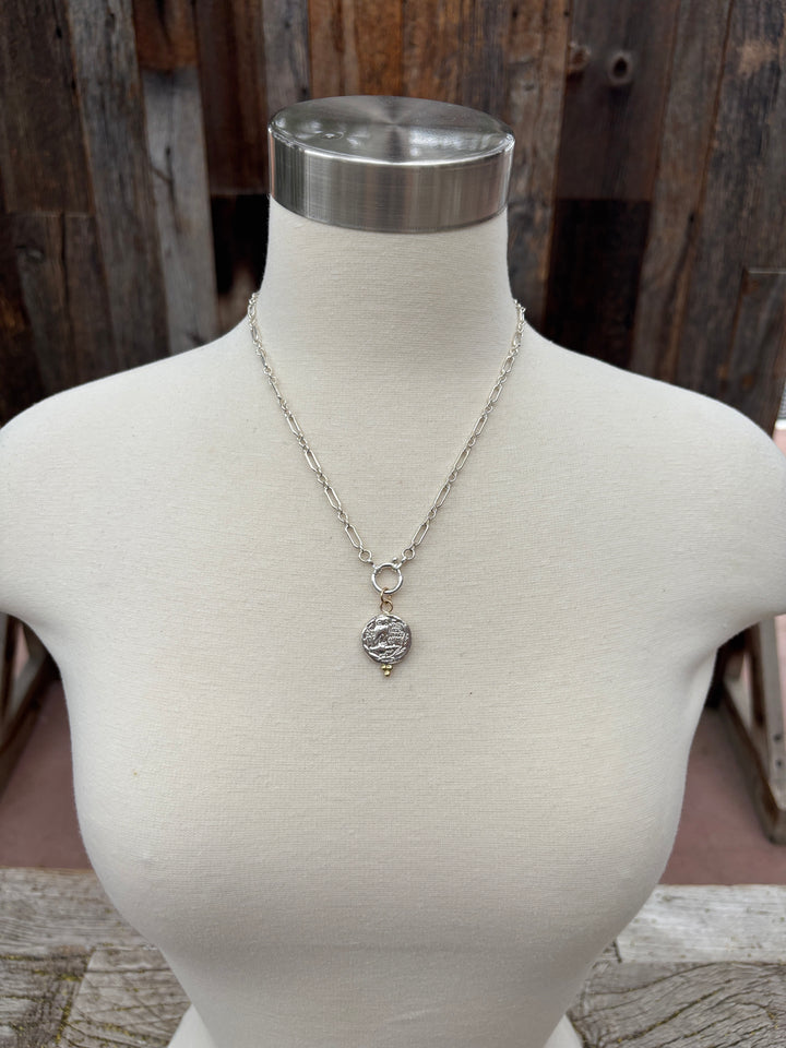 Ashton SS Owl Coin w/ 18K Gold Balls Necklace