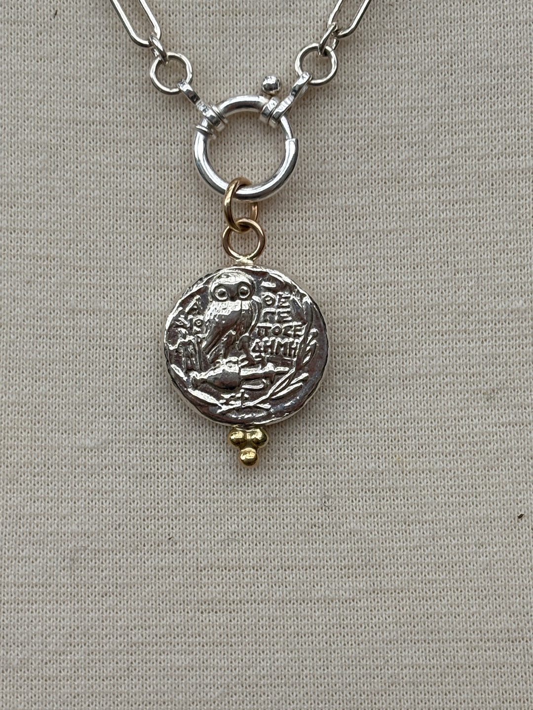 Ashton SS Owl Coin w/ 18K Gold Balls Necklace