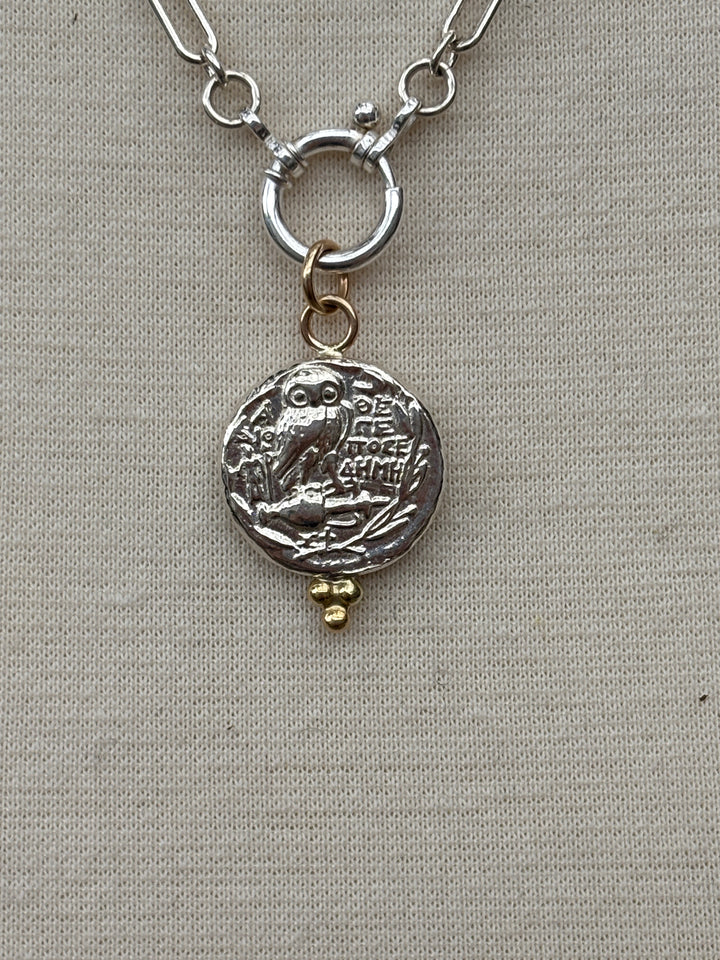 Ashton SS Owl Coin w/ 18K Gold Balls Necklace