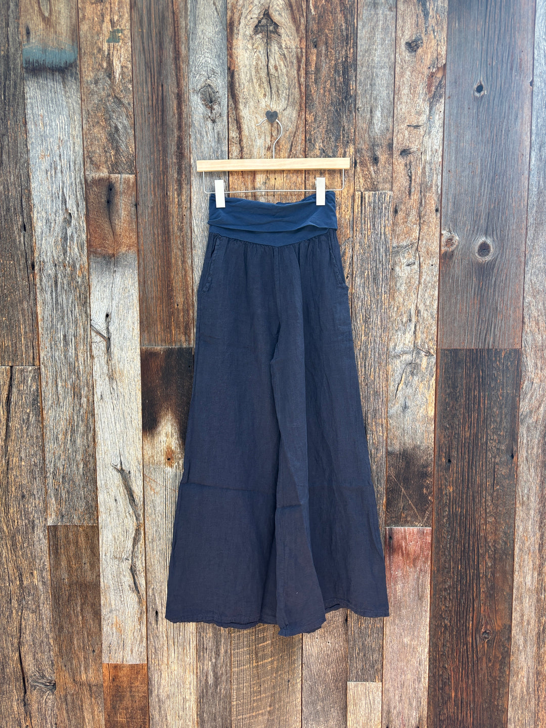 Milio Milano Fold Over Waist Palazzo Linen Pant Navy