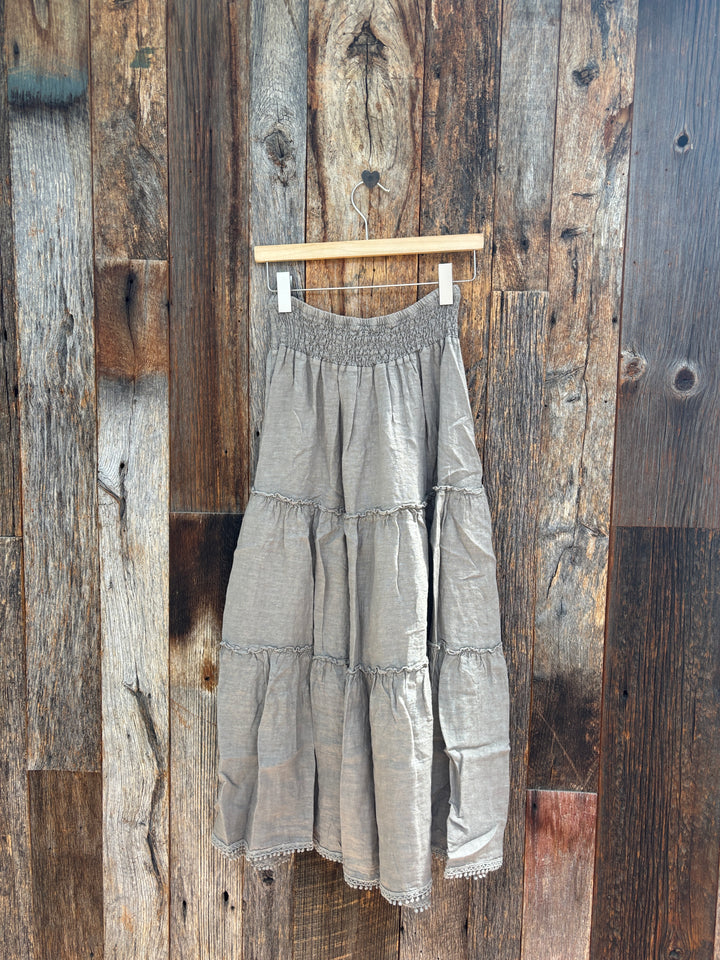 Milio Milano Tiered Maxi Skirt Pom Pom Mocha