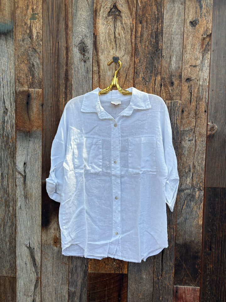 Milio Milano Button Down Roll Tab Sleeve Linen Top w/ Pocket- White