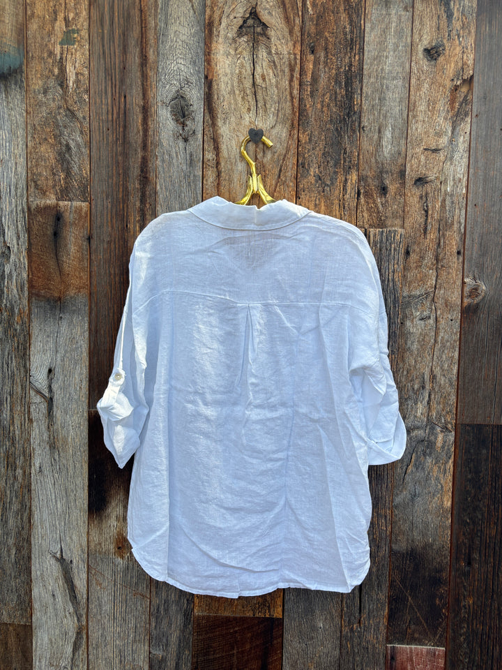 Milio Milano Button Down Roll Tab Sleeve Linen Top w/ Pocket- White