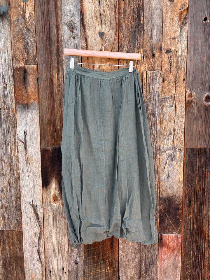 Milio Milano Linen Bubble Hem Midi Skirt- Army Green