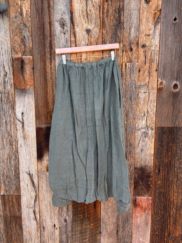 Milio Milano Linen Bubble Hem Midi Skirt- Army Green