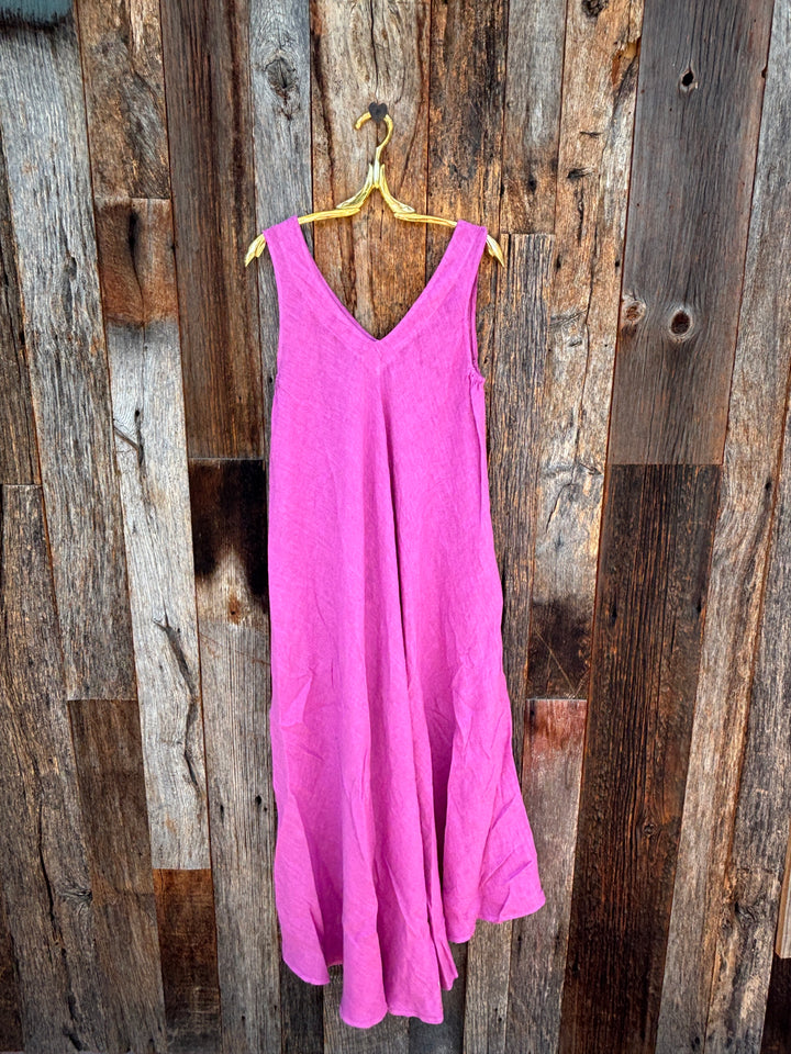 Milio Milano Italian Linen Maxi V-Neck Dress Orchid