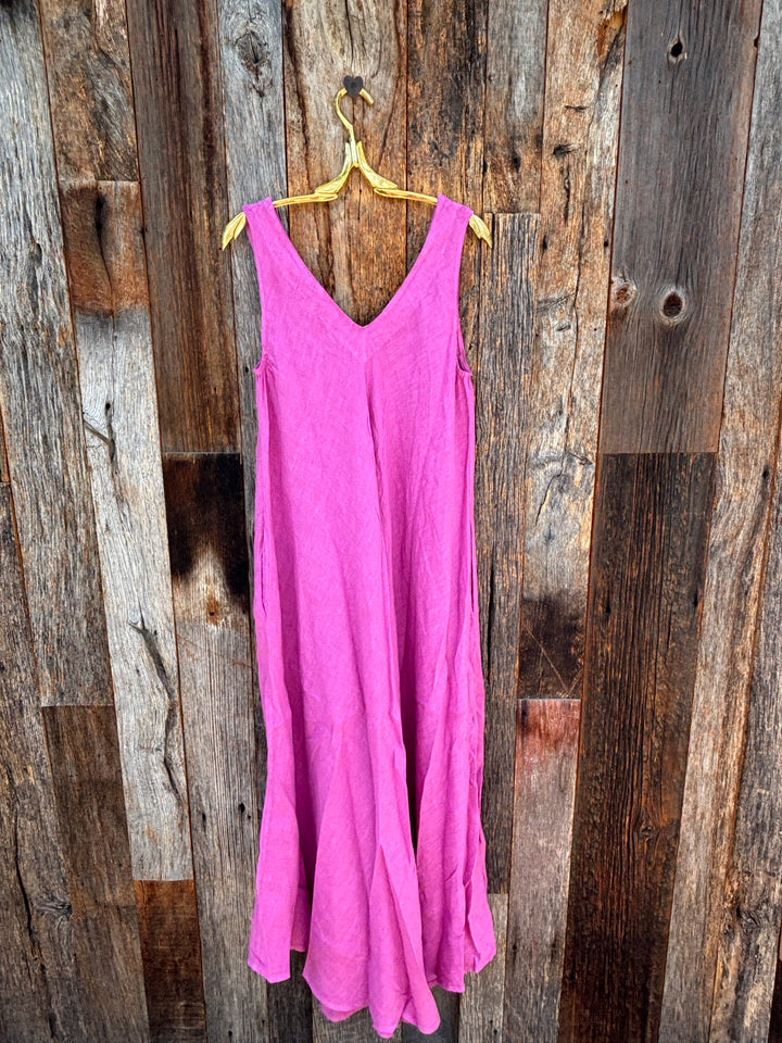 Milio Milano Italian Linen Maxi V-Neck Dress Orchid