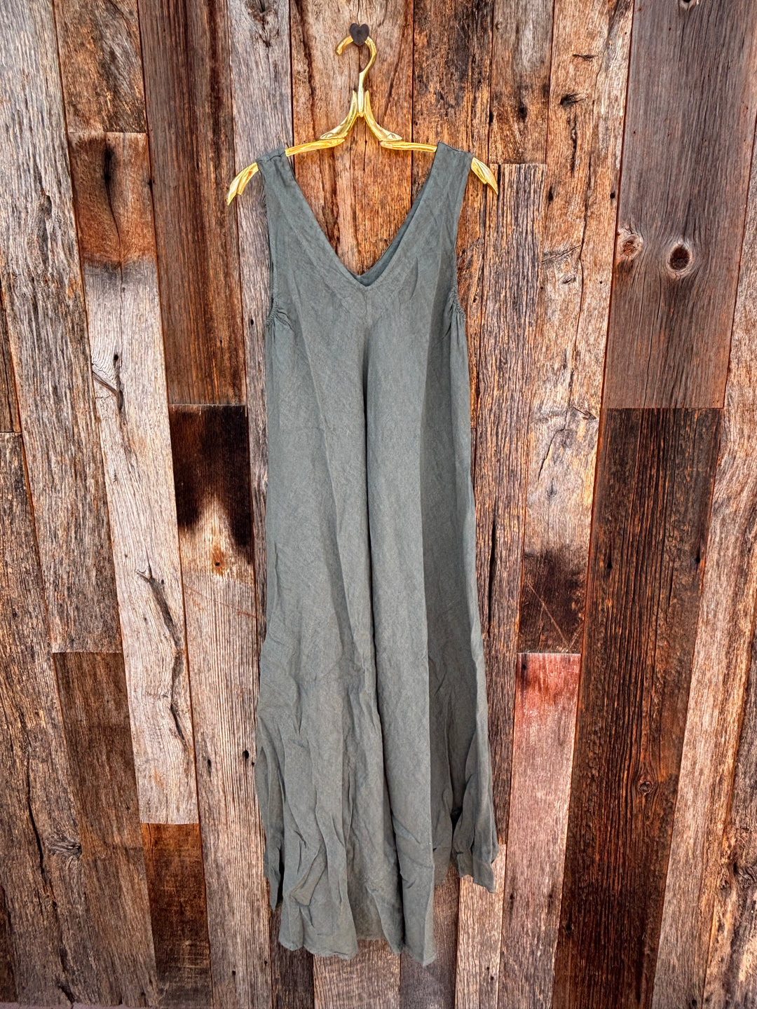 Milio Milano Linen V-Neck Maxi Dress- Army Green