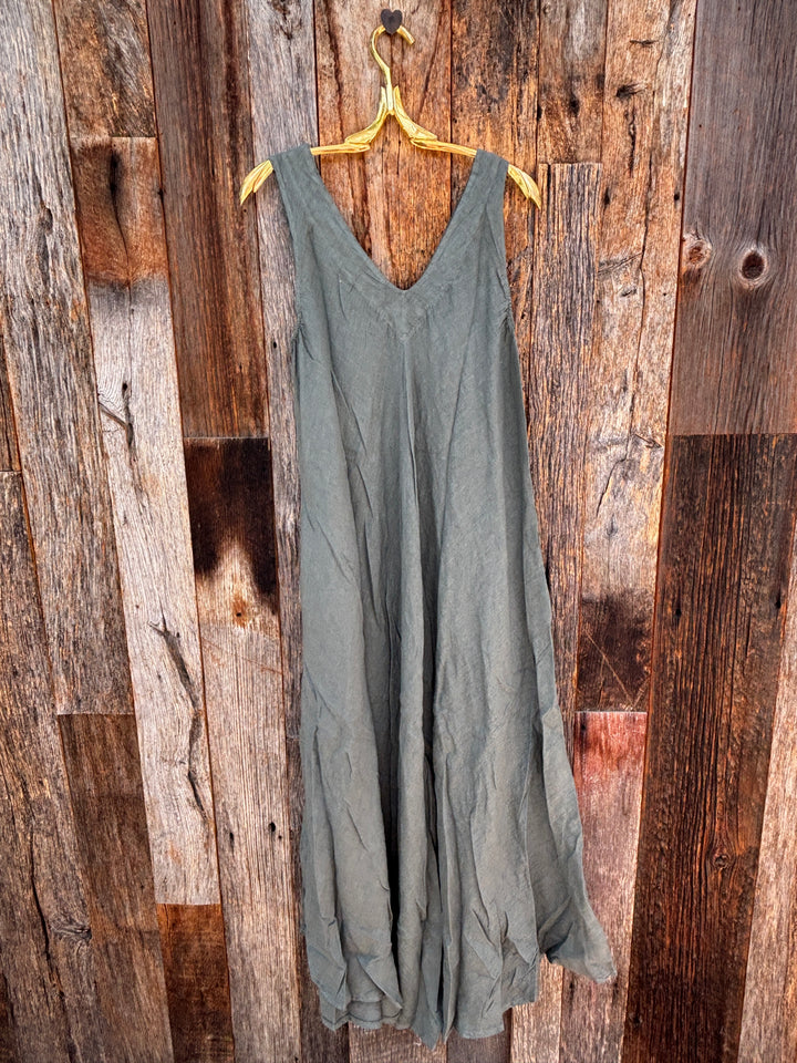 Milio Milano Linen V-Neck Maxi Dress- Army Green