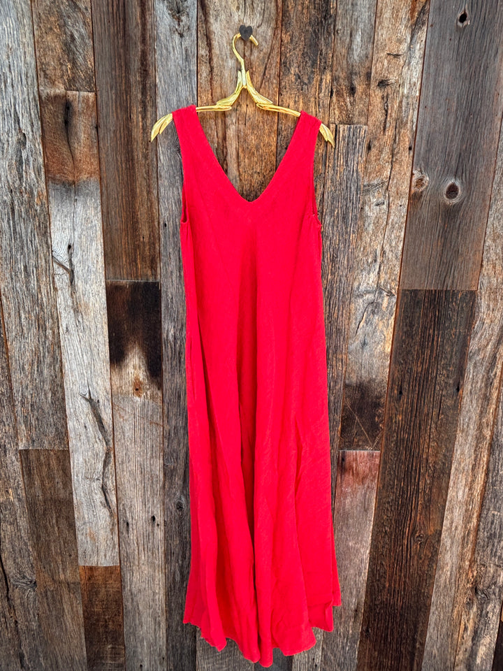 Milio Milano Linen V-Neck Maxi Dress- Red