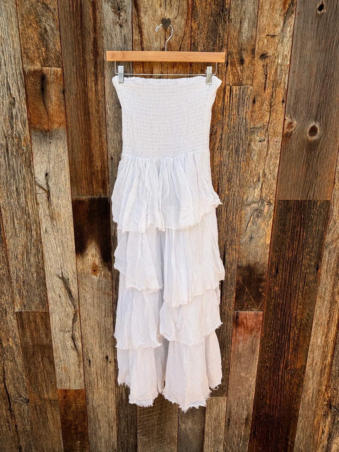 Milio Milano Cotton Smock Frayed Tiered Maxi Dress - White