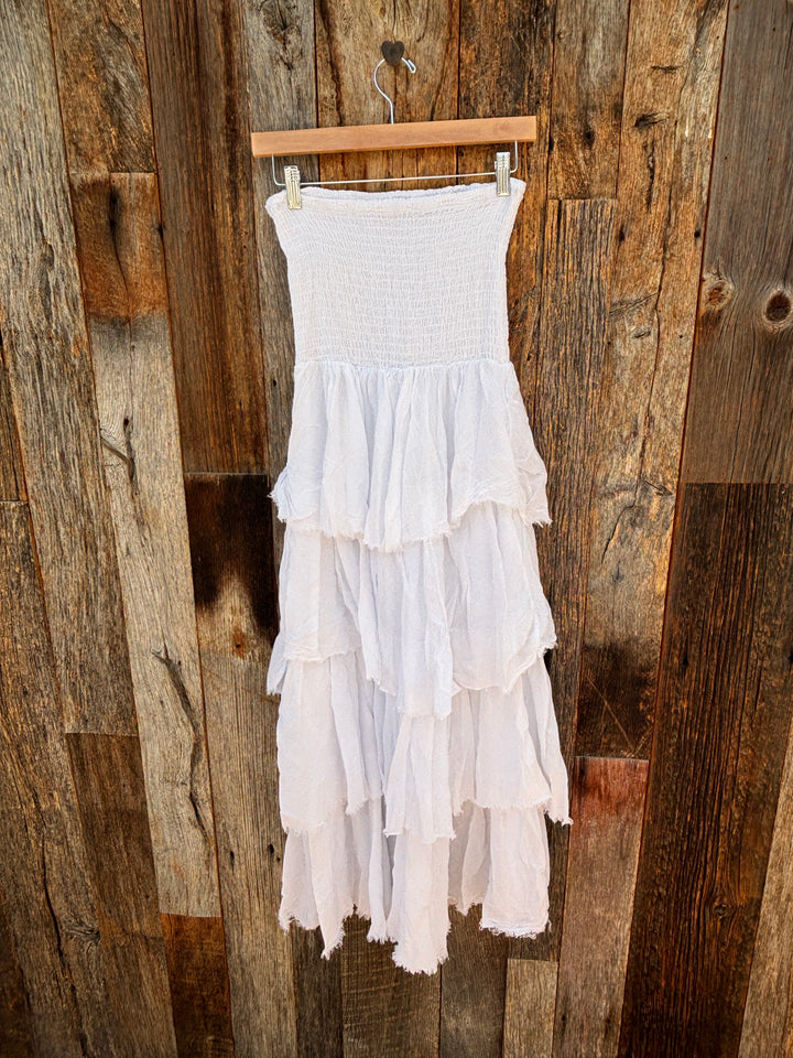 Milio Milano Cotton Smock Frayed Tiered Maxi Dress - White