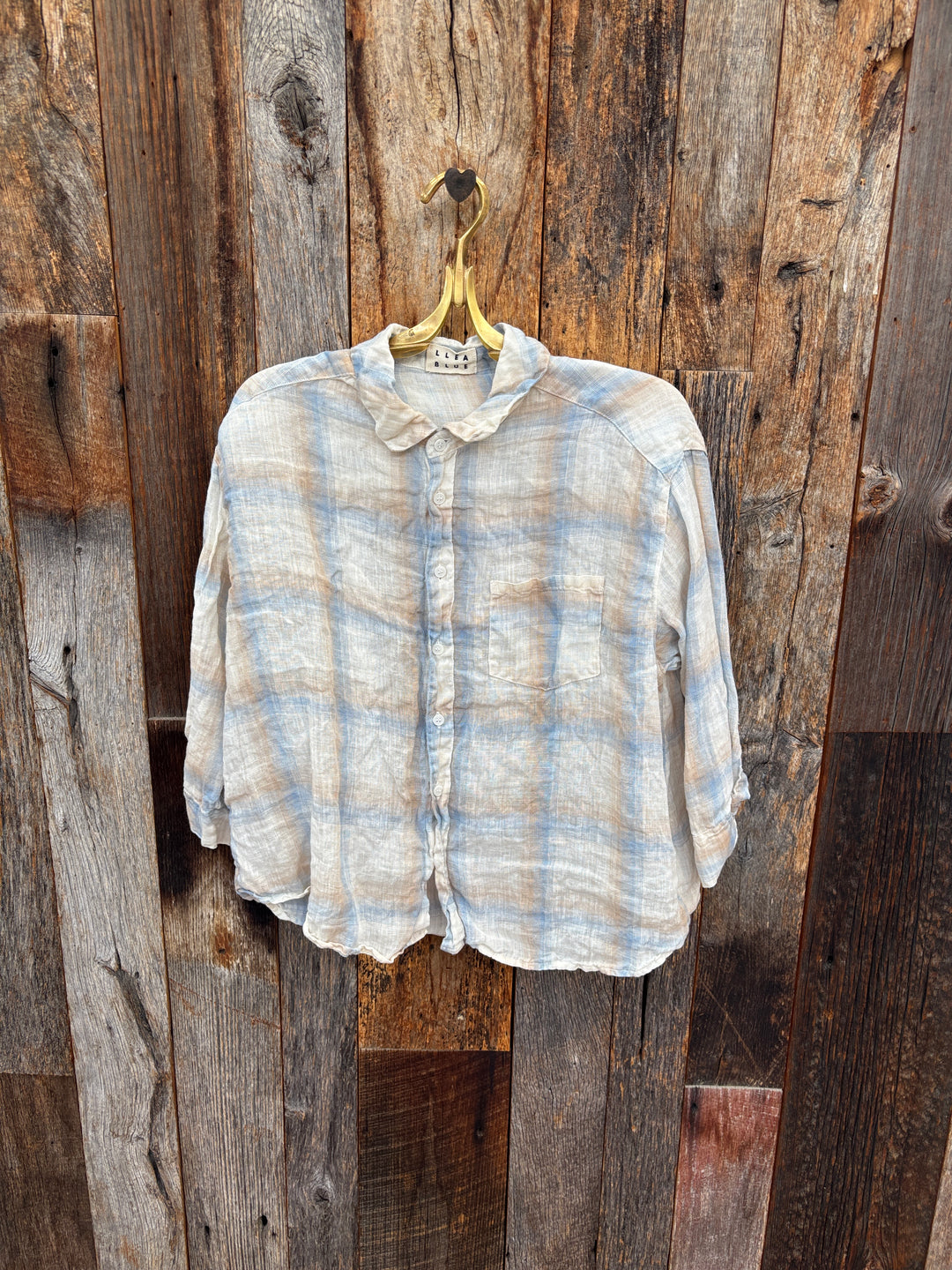 Llea Blue 3/4 Sleeve Linen Plaid Shirt WSH