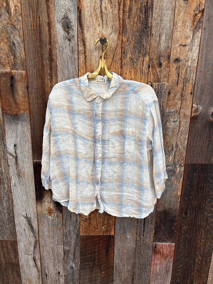 Llea Blue 3/4 Sleeve Linen Plaid Shirt WSH