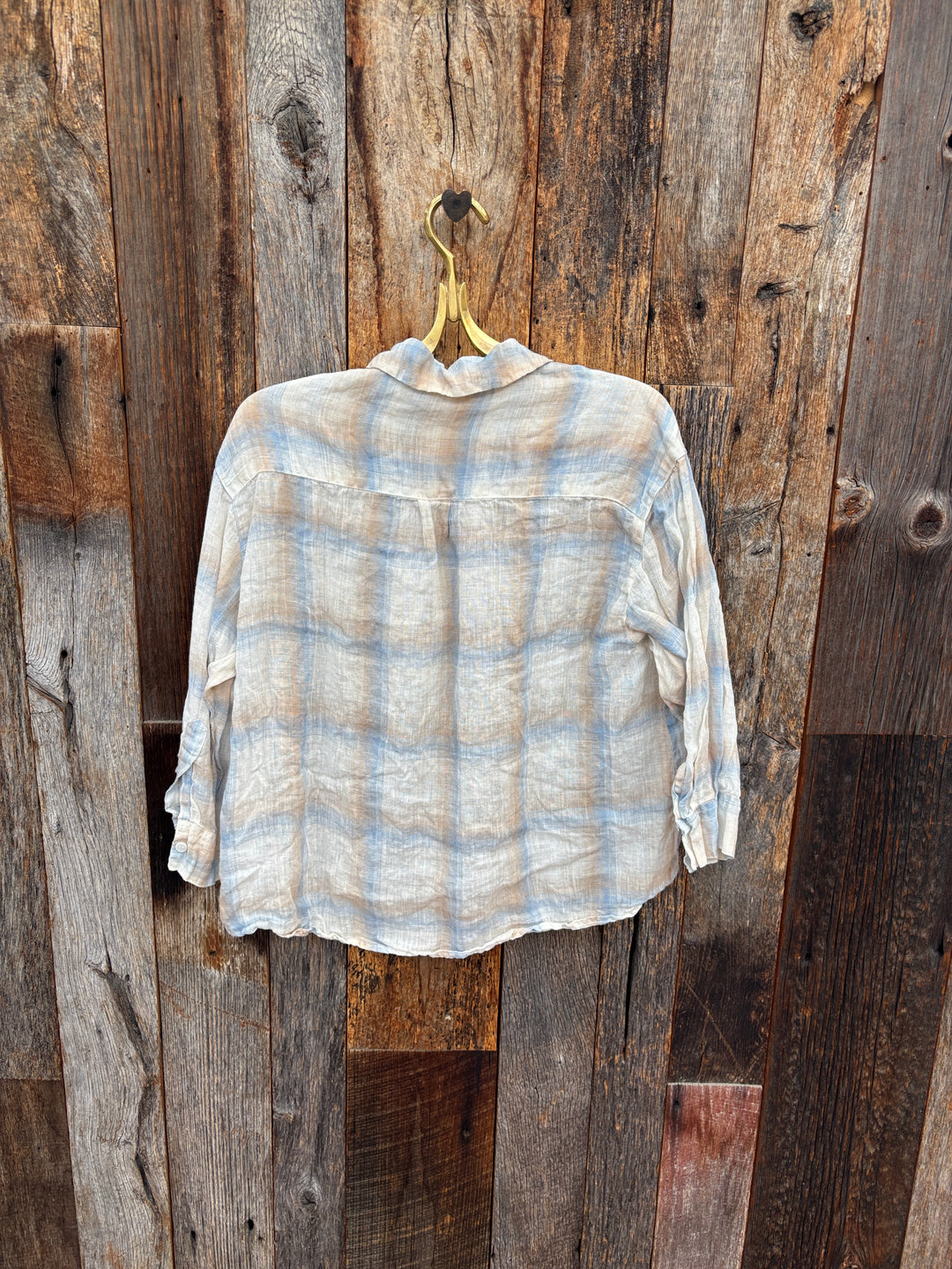 Llea Blue 3/4 Sleeve Linen Plaid Shirt WSH