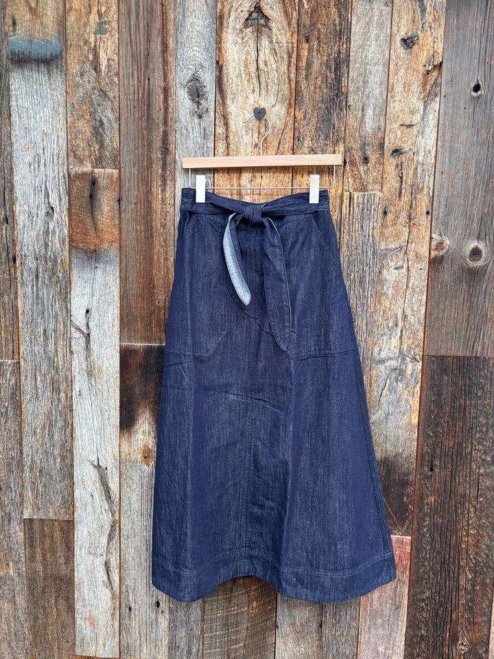 Lilla P Belted Front Pocket Skirt Dark Wash Blue