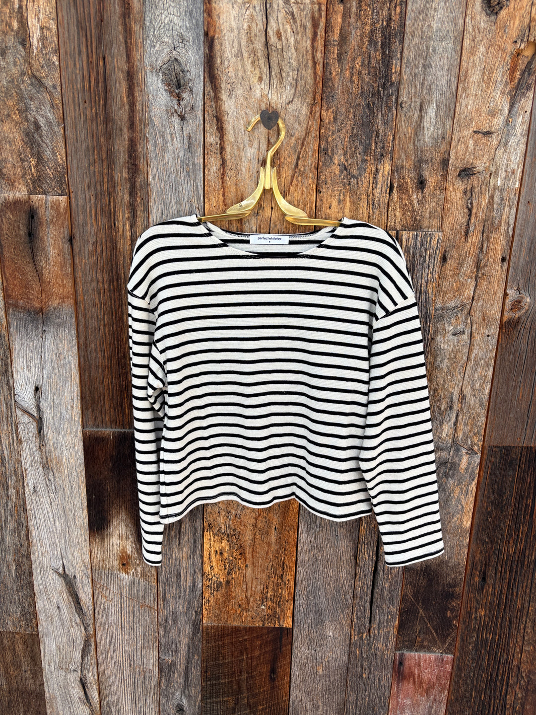 Perfect White Tee Striped Boatneck LS Tee Nat/Black Stripe