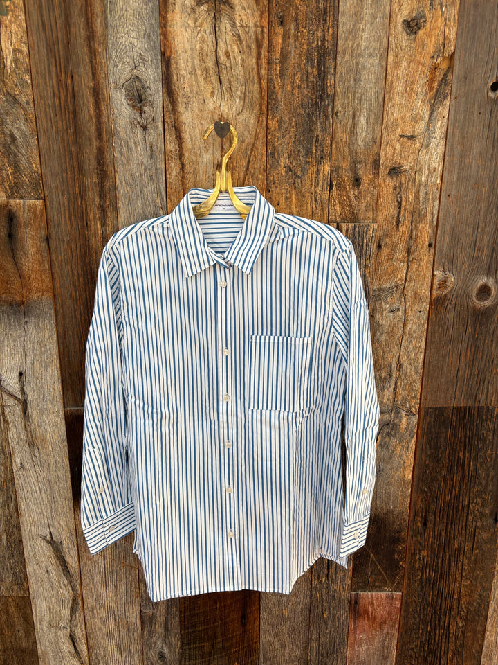 Perfect White Tee - Avalon Cotton Poplin Button Down - Pacific Blue Stripe