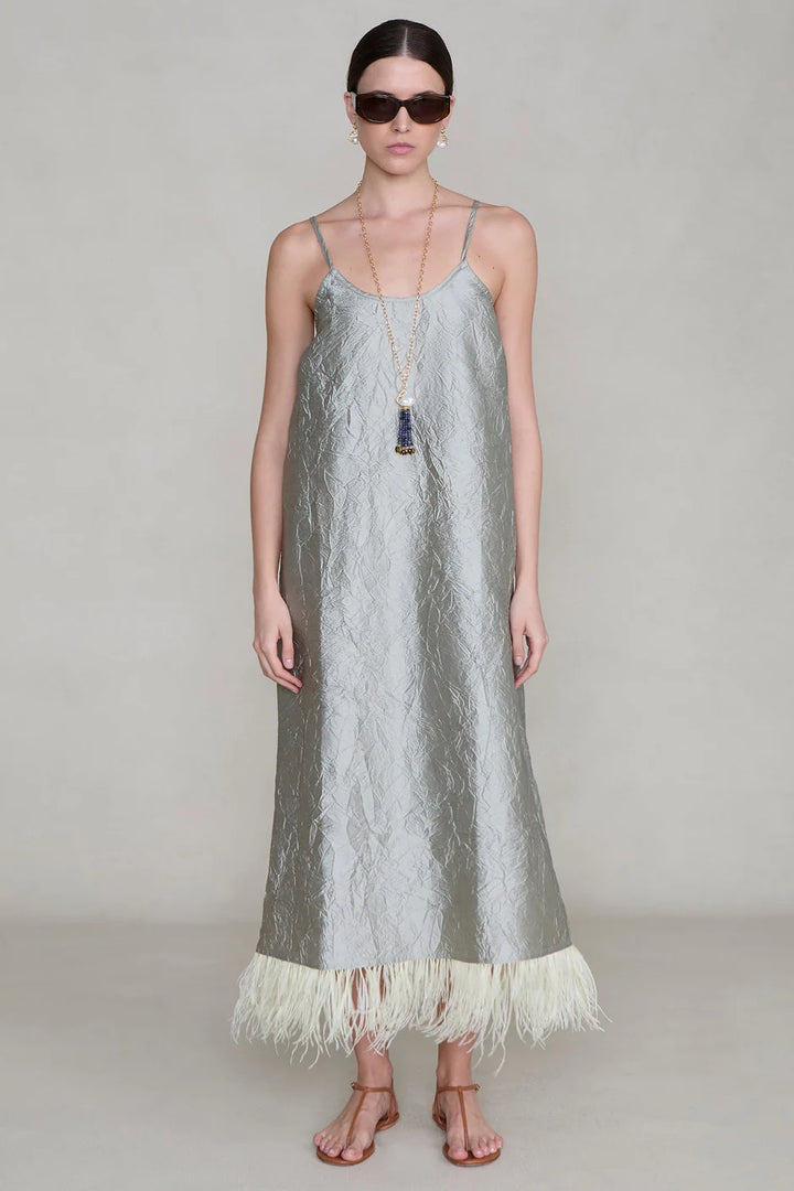 Chan Luu Techno Taffeta Feather Dress Limestone