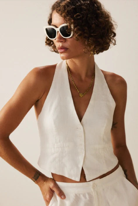 Isabella V Linen Vivian Halter Top- White